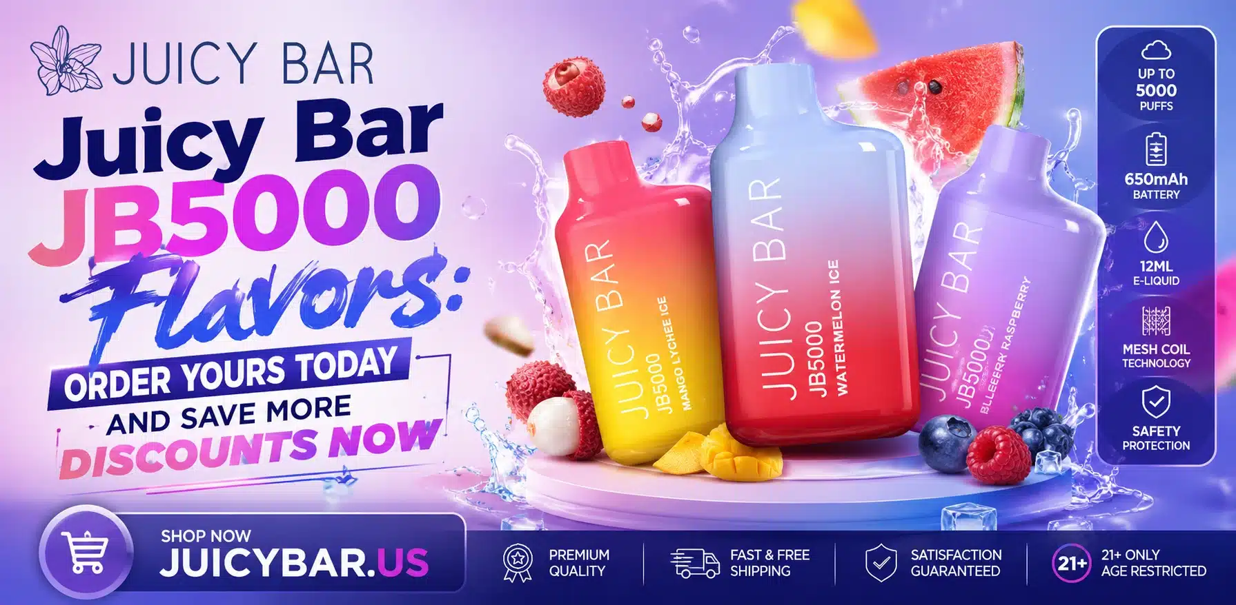 Juicy Bar JB5000 flavors collection with premium fruit, ice, dessert, and tobacco options