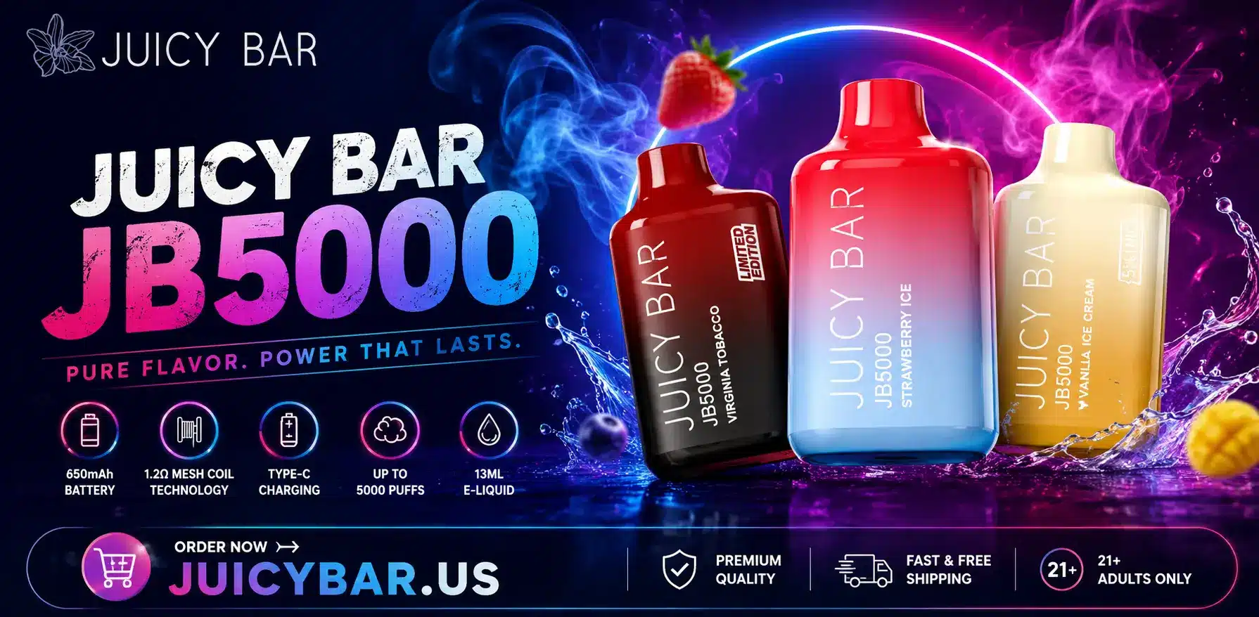 Juicy Bar JB5000 disposable vape with premium flavors and long-lasting performance