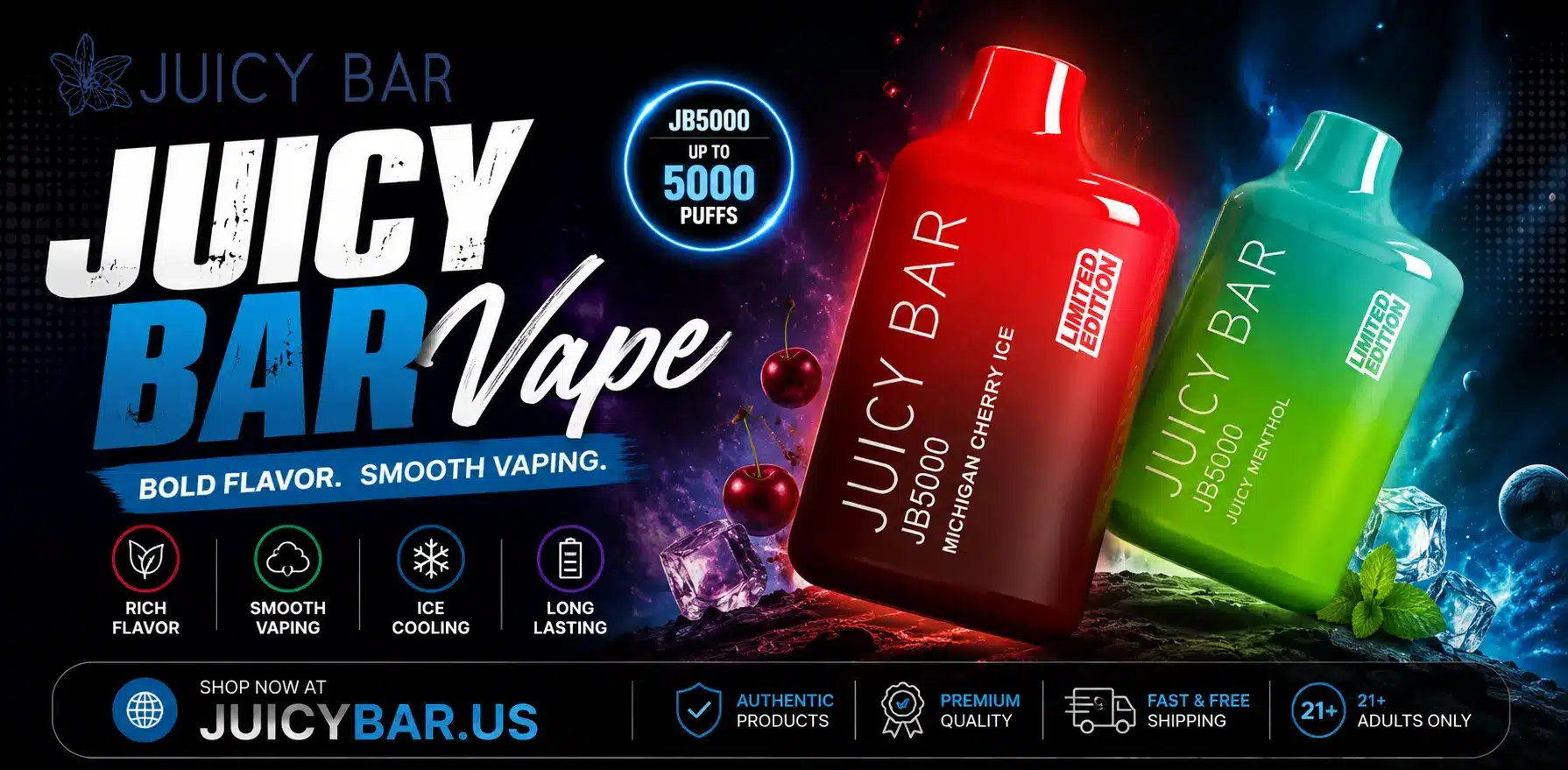 Juicy Bar vape disposable device with colorful design and fruit flavor branding