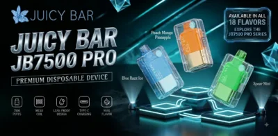 Juicy Bar JB7500 Pro price guide showing the disposable vape with its compact design, 7,500-puff capacity, rechargeable USB-C battery, and product pricing information.