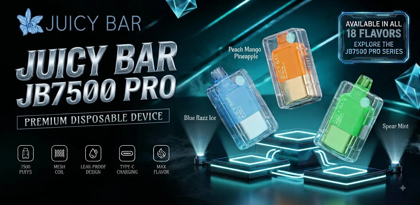 Juicy Bar JB7500 Pro price guide showing the disposable vape with its compact design, 7,500-puff capacity, rechargeable USB-C battery, and product pricing information.