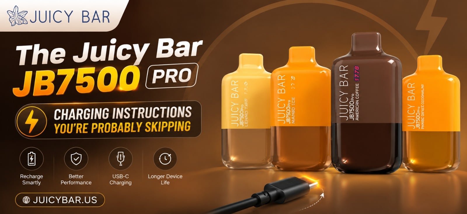 Juicy Bar JB7500 Pro charging instructions showing the rechargeable vape device, charging port, and proper connection method for safely charging the battery.