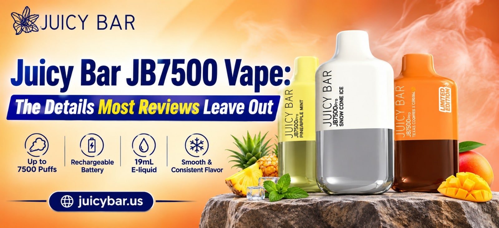 Juicy Bar JB7500 Vape disposable device featuring a sleek modern design, compact body, and portable format