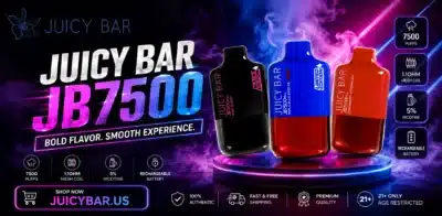Juicy Bar JB7500 disposable vape showing its compact design, branded body, mouthpiece, display features, and overall appearance for users researching the Juicy Bar JB7500