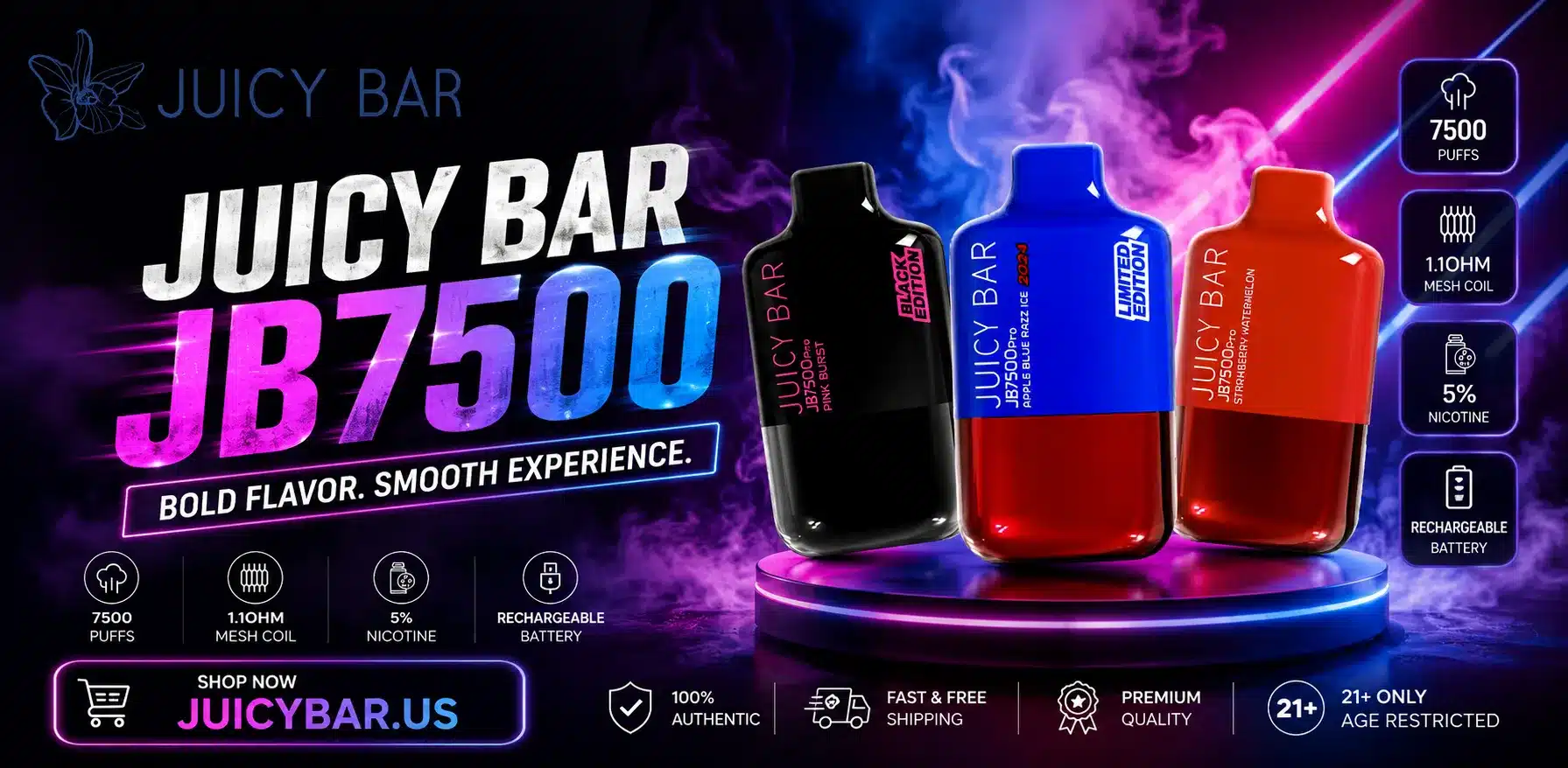 Juicy Bar JB7500 disposable vape showing its compact design, branded body, mouthpiece, display features, and overall appearance for users researching the Juicy Bar JB7500