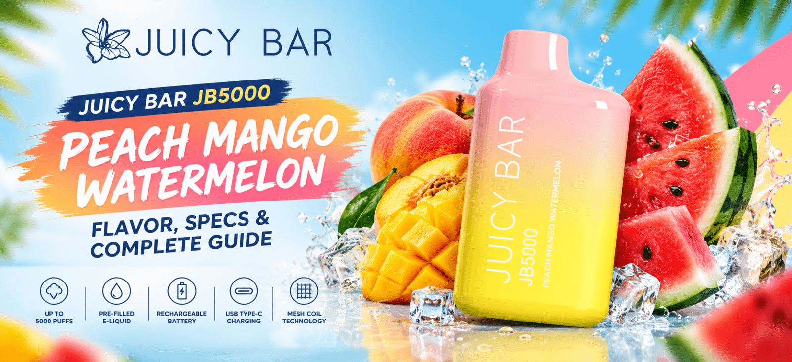 Juicy Bar JB5000 Peach Mango Watermelon vape device with peach, mango, and watermelon fruit visuals.