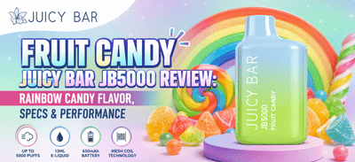 Fruit Candy Juicy Bar JB5000 review featured image with rainbow candy flavor theme and blue-green vape device